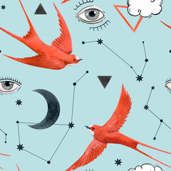 Plakaty  Piękny wzór z akwarela ptaków, księżyców i oczu. Ilustracji.