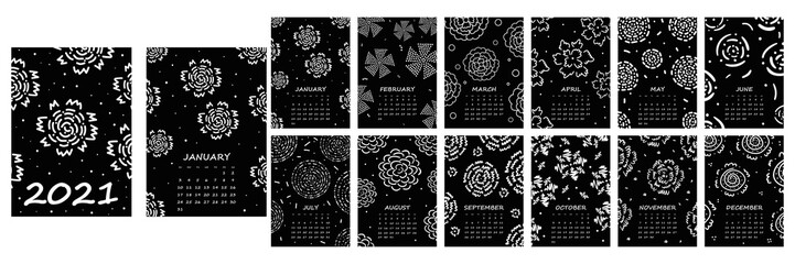Calendar 2021 yearly. Week starts on Sunday. Vector illustration with hand drawn abstract flowers, black and white design.