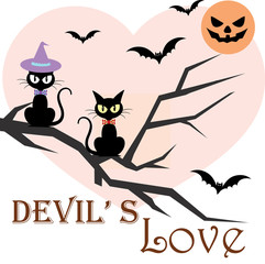 Vector halloween holiday illustration greeting with devil couple cats at bloody moon night