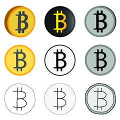 Vector illustrations of cryptocurrency, nine variants of bitcoin in vector. Bitcoin virtual currency icons in different styles.