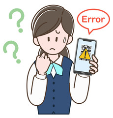 スマホ決済で悩む制服の女性