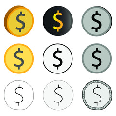 Vector illustration of a dollar, nine options for American currency. American dollar currency icons in different styles.