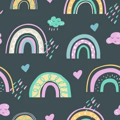 Dekokissen Nahtloses skandinavisches Muster des netten Kinderregenbogens mit Hand gezeichneten Regenbögen. Einfache Doodle-Elemente in Pastellfarben. © Kislinka_K