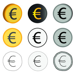Vector illustration of European currency, nine euro options. Euro icons in different styles.