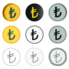 Vector illustration of Turkish currency, nine options of Turkish lira currency. Lira currency icons.
