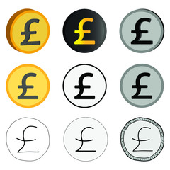 A vector illustration of pounds sterling, nine options for British currency. British pound icons.