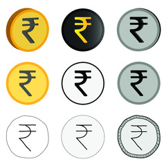 Vector illustration of Indian currency, nine rupee options in vector. Indian rupee icons in different styles.