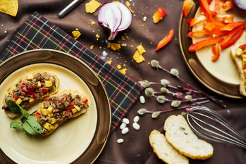 Italian food ingredients. Assortment of italian traditional bruschetta. 