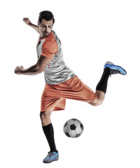 Young man playing football on white background