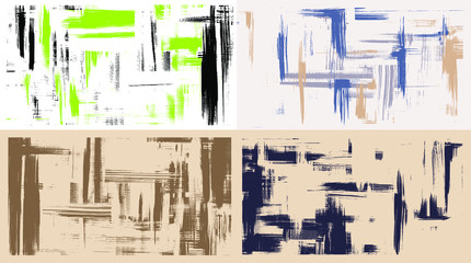 Chaotic pattern, oil paint strokes on canvas. Set of four abstract paintings, cross hatching monochrome grungy vector background
