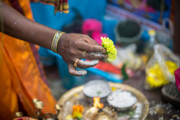 hands monk who holds the flower and makes the sacred rite of the Indian festival
