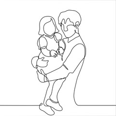 One continuous line drawing of a man holding a little girl in his arms in a dress. Young father with baby posing for a photo. Vector illustration can be used for animation.
