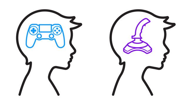 Set of boy head icons. In the head of the child are depicted: Video game joystick, gamepad. The concept of addiction to computer games.