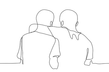Men hug. One continuous line drawing of friends who are hugging around the neck. Vector illustration with a hug can be used for animation.