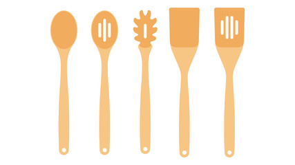 Wooden tools for the kitchen: spoons paddles for cooking. Row of assorted wooden kitchen utensils. 
