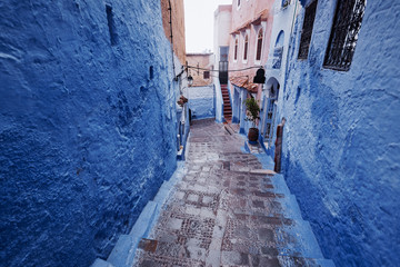 Travel by .Morocco. Street in medina of blue town Chefchaouen.