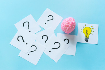 Brain model and question marks on the blue background.