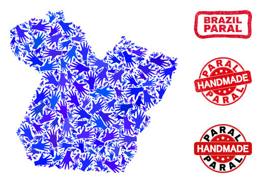 Vector handmade collage of Paral State map and rubber stamp seals. Mosaic Paral State map is created with scattered blue hands. Rounded and wry red stamp imprints with distress rubber texture.