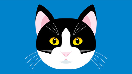 Head of a black and white cat with yellow eyes. Head of cat in flat style.