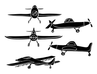 Set silhouette Airplane in doodle style isolated on white background. Set of agricultural aircraft vector outline icons for kids playing