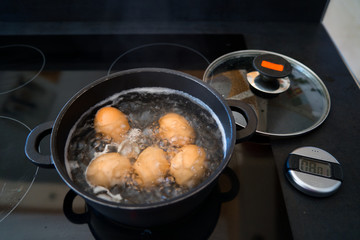 Fünf Bio Frühstückseier, Hühnereier kochen im Wasserbad