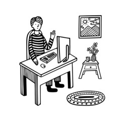 Young man in office. Hand drawn vector character sitting at the desk with computer. Part of set.