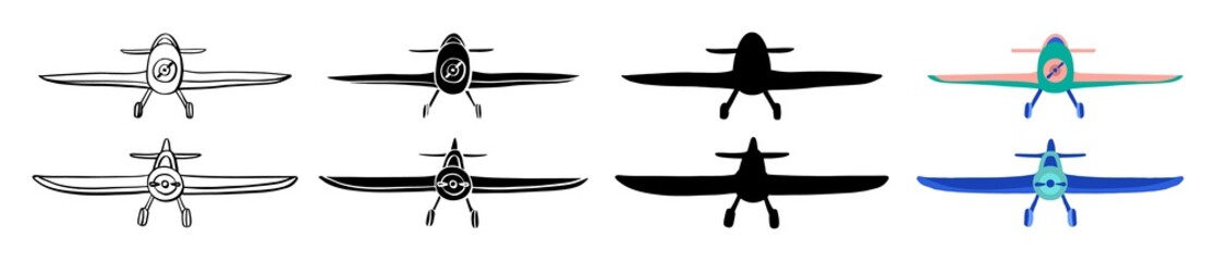 Set Airplane in hand drawn doodle and cartoon style isolated on white background. Set of agricultural aircraft vector outline, silhouette