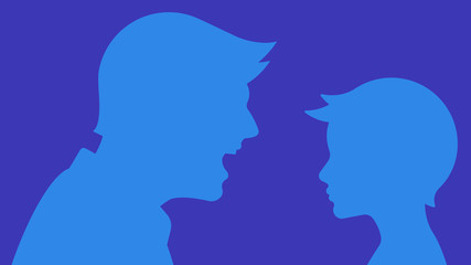 Adult man screams at a child. Father is angry at his son. Silhouettes of parent and child. Education, punishment, suppression, abuse, growing up.