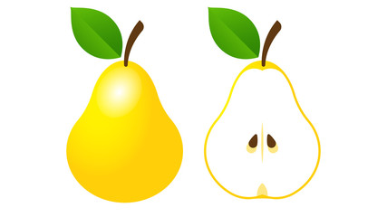 Pear. One and a half yellow pear fruit isolated on white background. Vector illustration