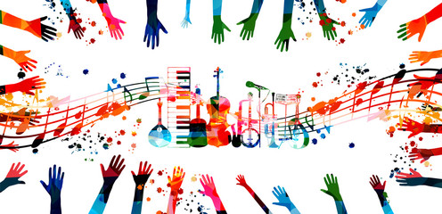 Colorful music promotional poster with hands, music instruments and notes isolated vector illustration. Artistic background for live concert events, music show and festival, party flyer design  © abstract