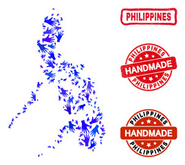 Vector handmade composition of Philippines map and rubber seals. Mosaic Philippines map is organized with scattered blue hands. Rounded and awry red seals with distress rubber texture.