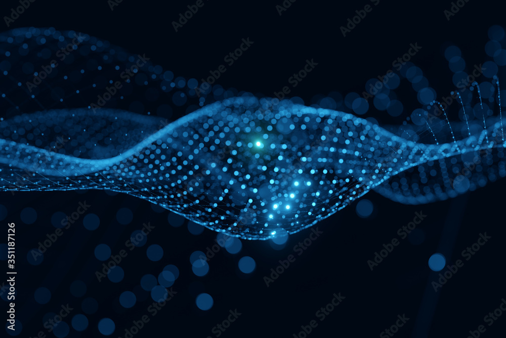Aufkleber moving neon blue wireframe pattern forming a digital network connection on dark background
