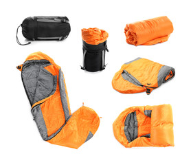 Set of sleeping bags on white background