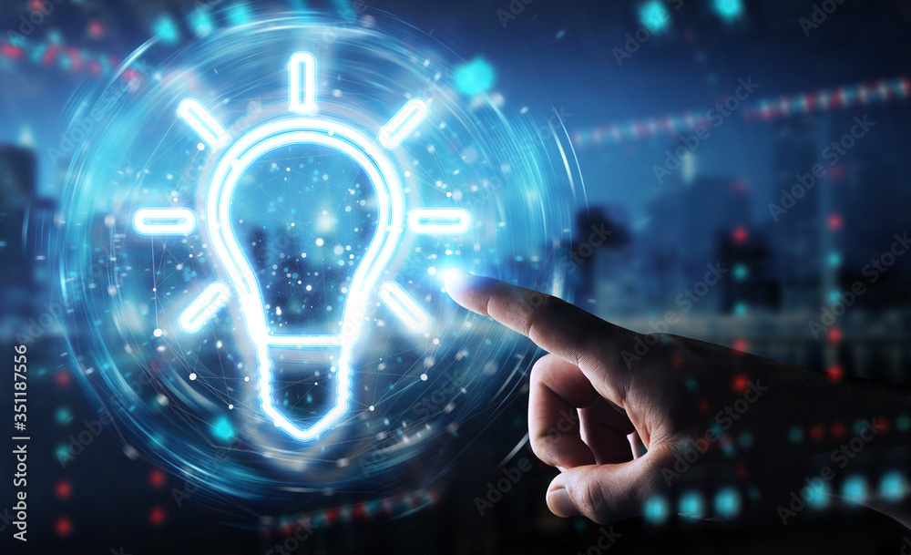 Fototapete man hand using lightbulb neon digital interface 3d rendering