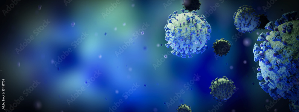 Poster microscopic close-up of the covid-19 disease. coronavirus illness spreading in body cell. 2019-ncov 