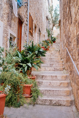 Brick stairs in old town Hvar, Croatia.