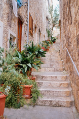 Fototapeta na wymiar Brick stairs in old town Hvar, Croatia.