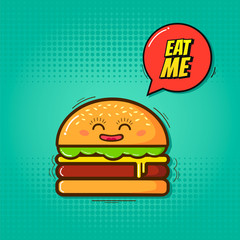 Eat me vector illustration!Cartoon funny burger with emblem eat me on a blue background! 