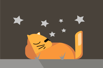 Vector illustration of the character design red cat sleeping on the grass at night under the stars. Flat style for postcards, books, children's posters, and websites.