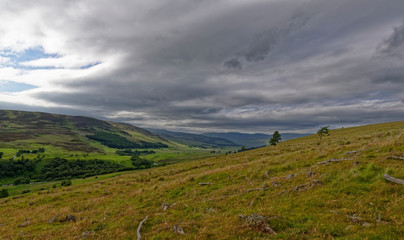 Looking down the Valley of Glen Clova from the hillside between Glen Moy at a site of Old Tree Felling operations, with threatening storm clouds above.