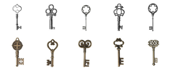 Set of different ornate keys on white background. Banner design