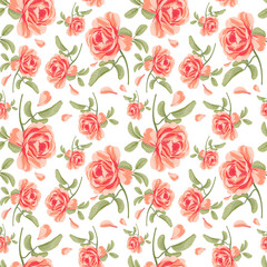 Seamless pattern of red rose flowers. Watercolor illustration, white background. Perfect for linen, kitchen textile, fabric, wallpaper and wrapping design.