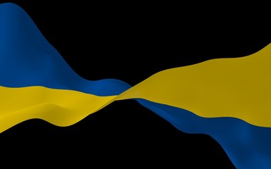 The flag of Ukraine on a dark background. National flag and state ensign. Blue and yellow bicolour. 3D illustration waving flag