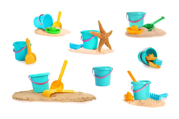 Set of different plastic beach toys on white background