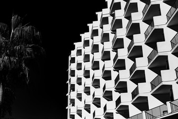 black and white photo of the facade of a modern office building on the Spanish island of Tenerife