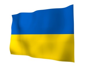 The flag of Ukraine on a white background. National flag and state ensign. Blue and yellow bicolour. 3D illustration waving flag