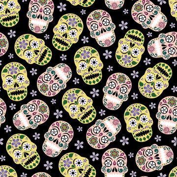 Vector gothic pastel colored sugar skull with flower seamless pattern background