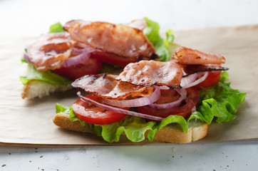 Grilled bacon sandwich on paper with salad, tomato and onion