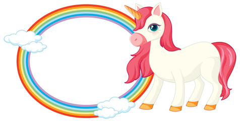 Cute pink unicorn in standing position with rainbow ring on white background