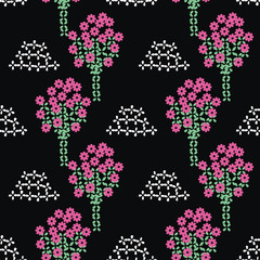 Blooming orchard seamless vector folk pattern on black background. Decorative surface print design. For fabric, stationery, and packaging.